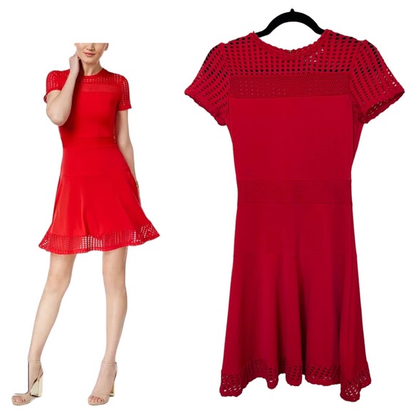 Michael Kors Dresses & Skirts - Michael Kors Dress Red Mesh A-Line Short Sleeve Stretch Scoop Neck Mini Sz XS